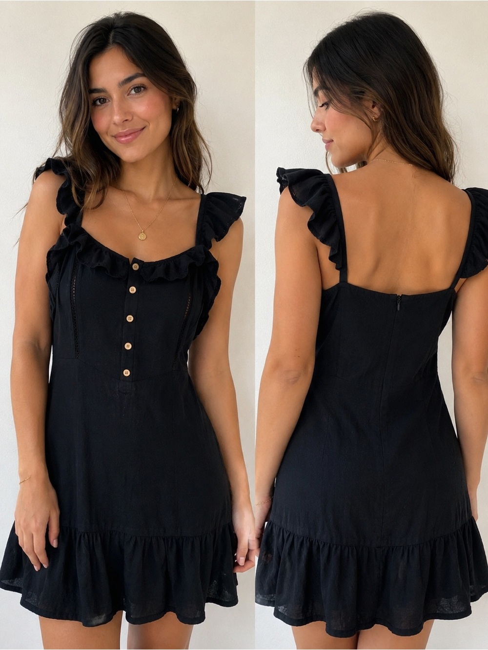 Black Ruffle Mini Dress with Button-Front